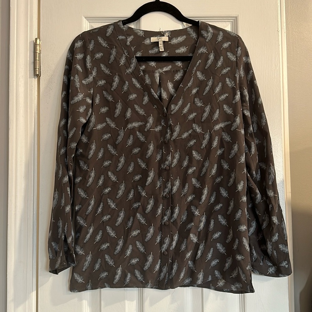 JOIE Grey Silk Feathered Blouse